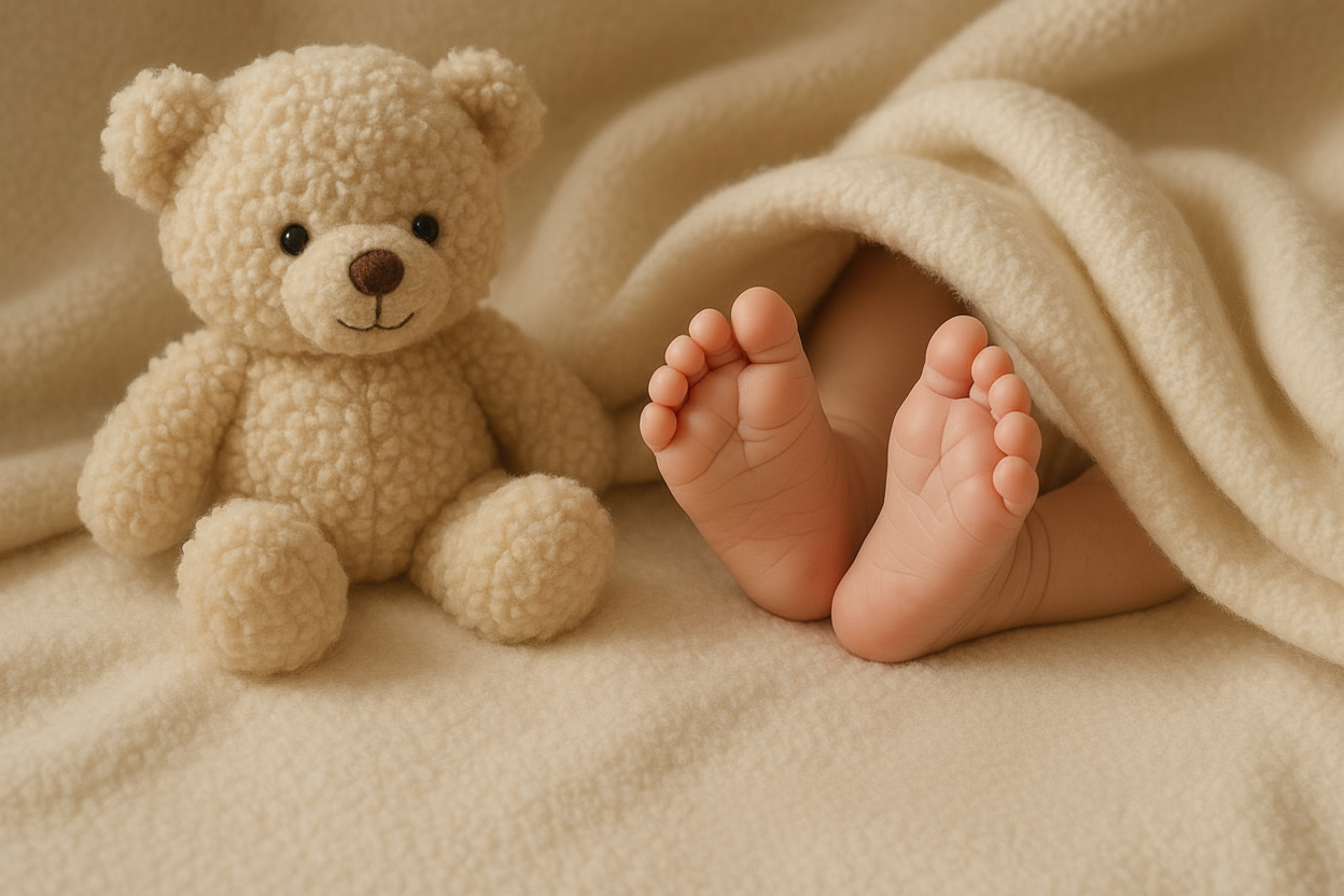 babyvoetjes met een teddy beer in beige tinten met een rammelaar